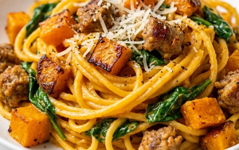 Creamy Roasted Butternut Squash Pasta with Sausage and Spinach